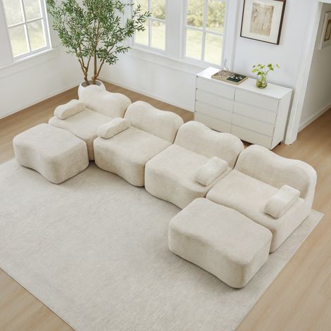 sofá modular 4 plazas en U terciopelo beige OKMYHOME (1/5)