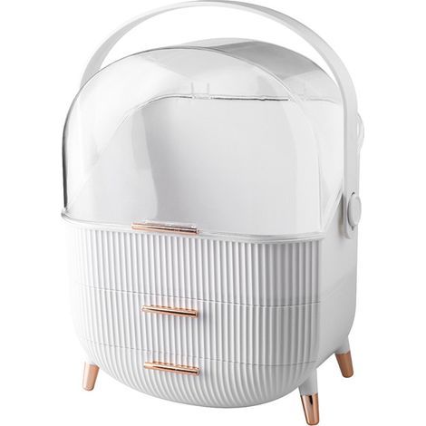 Scatola portaoggetti universale per cosmetici, protezione solare, coperchio trasparente antipolvere, grande capacità, con cassetto, con maniglia, materiale plastico/acrilico, bianco (1/5)