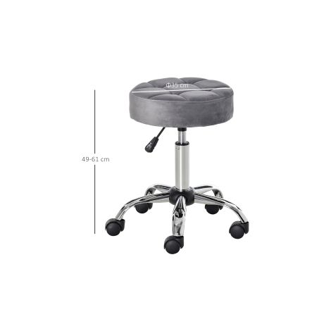Tabouret de salon avec roulettes, tabouret sur roulettes réglable en hauteur, pivotant, toucher velours, base chromée, gris, 35x35x49-61cm, pour salons de coiffure et instituts de beauté (1/5)