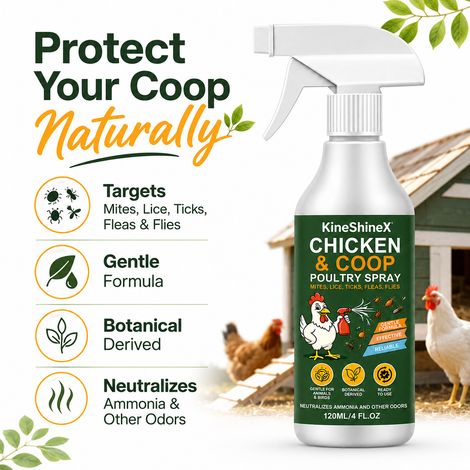KineShineX Insektenschutz- und Deodorierungsspray für Hühnerställe – Wehrt Milben, Läuse und Zecken ab, beseitigt Gerüche, mildes Allzweck-Reinigungsspray (1/5)