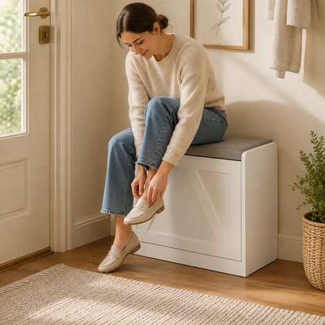 Banc a chaussures avec tiroir abattant et assise rembourree, etagere reglable en hauteur, coussin gris aspect lin amovible et lavable, blanc, 140 kg, 60x30x52 cm, entree etroite, petit espace (1/2)