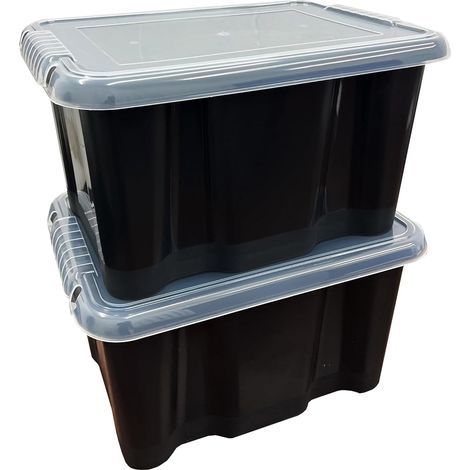 5 x 24 Litre Large Black Plastic Storage Box With See Through Lids