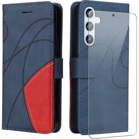 Verre trempé+Coque pour Samsung Galaxy A54,Case en Cuir PU Portefeuille Housse Magnétique und Flip Protection,Fentes (Bleu et (1/4)