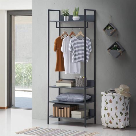 Skinny Dark Grey Open Wardrobe with 4 Shelves and Hanging Rail in Oak Effect Black Metal Frames (1/5)