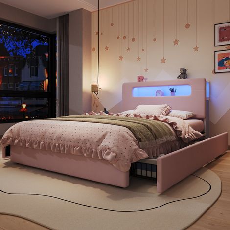 Lit rembourré enfant - 140 x 200 cm - avec 4 tiroirs de rangement, tête de lit à étagères avec led connectée - style moderne - velours - rose (1/5)