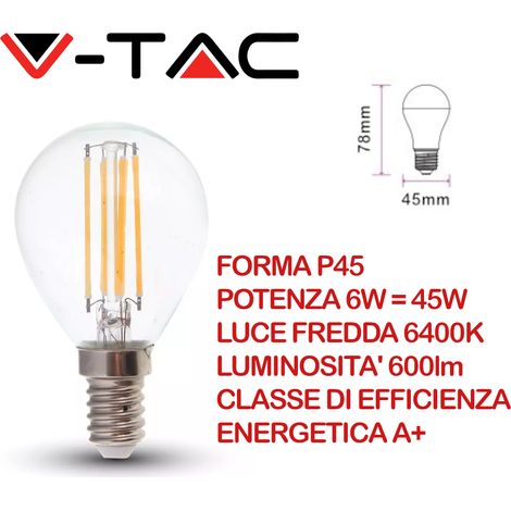 LED LAMPADINA 6W FILAMENTO E14 P45 TRASPARENTE 6400K - Luce FREDDA (1/5)