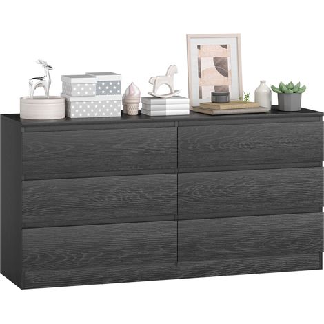 Commode à 6 tiroirs pour chambre, style moderne, pour salon ou bureau, 140 x 40 x 71 cm, aspect bois noir.