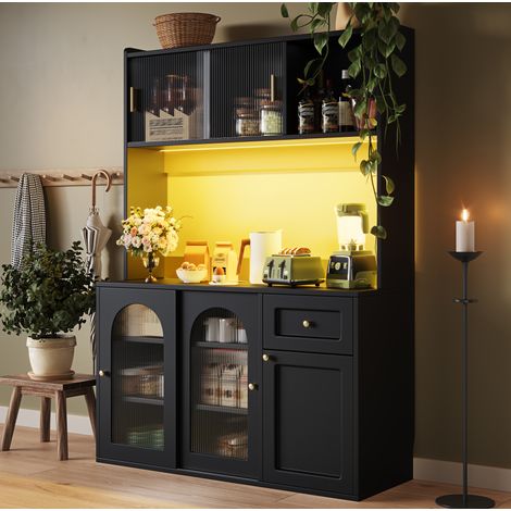 Aparador 120x35x167 cm de madera negra, con almacenaje y LED para cocina o comedor FloraGrace (1/5)