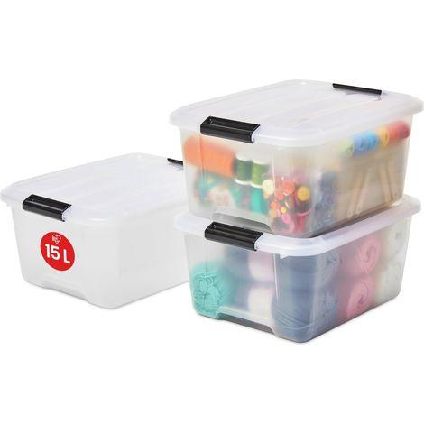 Boite Rangement en Plastique avec Couvercle, 15L, Lot de 3, Transparent, Clips de Fermeture, Poignée, Empilable, Portable, Solide (1/5)