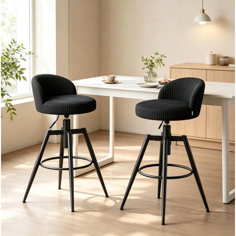 Lot de 2 tabourets de bar réglables en velours côtelé noir, pivotants à 360°, avec dossier bas et repose-pieds, hauteur 67 à 76,5 cm – CHICFURN pour îlot de cuisine (1/5)