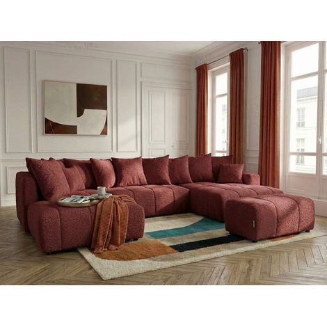 BOBOCHIC - Canapé panoramique convertible ROXELANE tissu bouclette avec pouf Angle droit Rouge (1/4)