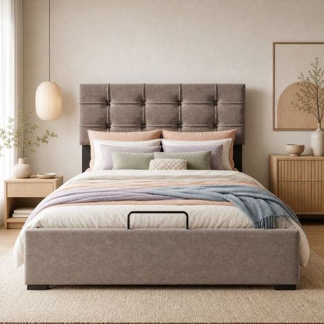 Lit coffre 140x200 velours gris clair têtière réglable HAVRYA (1/5)
