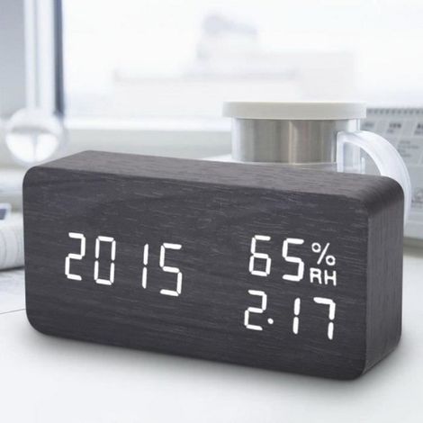 Réveil - Bois MDF - Affichage LED - Température et Heure - Alimentation USB ou Piles AAA - Pour Chevet Bureau Salon - 1 Pièce (1/4)