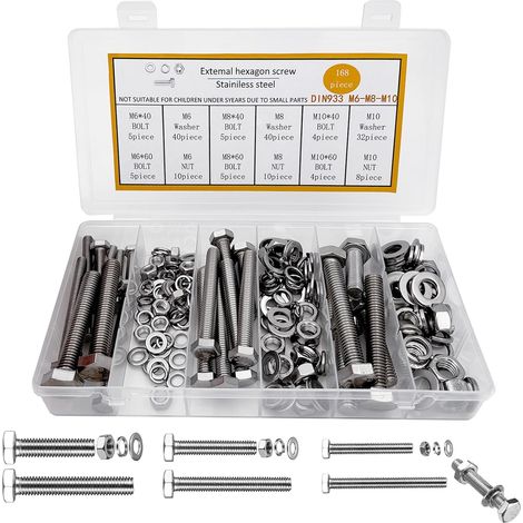 Jeu de Vis Boulons et Écrous, Vis et Ecrou M6 M8 M10 168 PCS Kit, Vis Boulon et Écrous et Rondelles Set, Ensemble de Vis à Tête Hexagonale Extérieure 304, avec Boîte de Rangement (1/5)