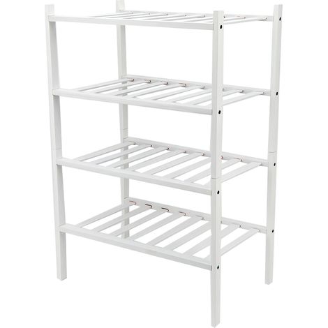 Étagère à chaussures empilable blanche à 4 niveaux, multifonctionnelle, en bambou, idéale pour la maison, l'hôtel ou la résidence étudiante. (1/5)