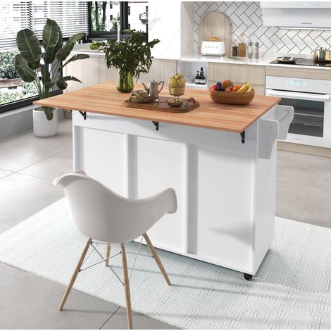 Carrello cucina 129x71x91,5 cm bianco/naturale con piano ribaltabile, 2 cassetti e ruote (1/5)