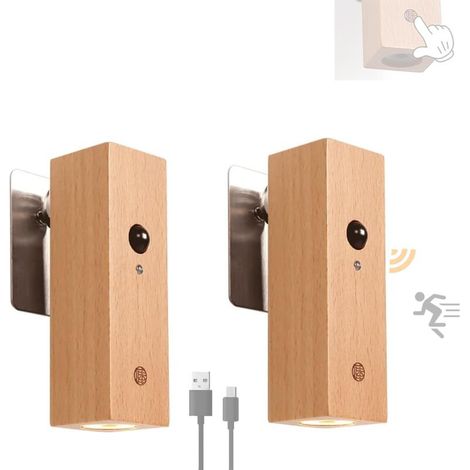 Applique Murale avec Detecteur de Mouvement Sans Fil Rechargeable USB Réglage 360° Pivotant Tactile Luminaire Mural LED Intérieure Chambre Lampe Murale Chevet Bois pour Chambre Salon (2 Pièces) [Class (1/5)