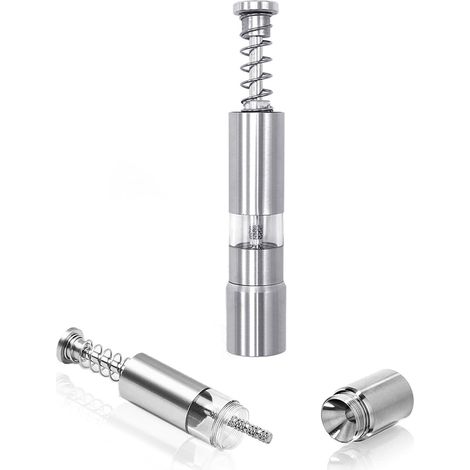 Ensemble moulins à sel et à poivre en acier inoxydable - Rechargeables manuellement - À bouton-poussoir - Moulin à pouce - Blanc argenté - Qualité supérieure - Finesse de mouture réglable (1/4)
