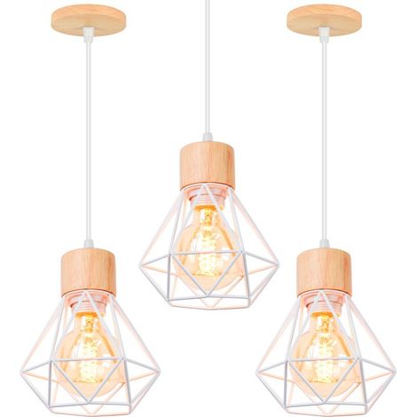 3 Pack Lustre Suspension Cage Diamant en Métal E27 Plafonnier Luminaire en Bois Blanc (1/5)