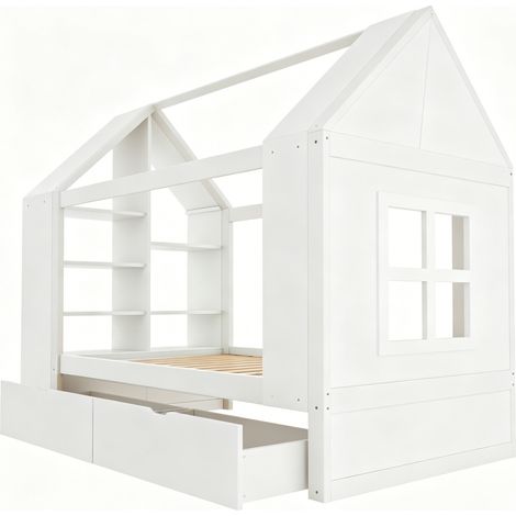 Cama infantil 90 x 200 cm con diseño de casa, 2 cajones, LED y almacenaje blanco (1/5)