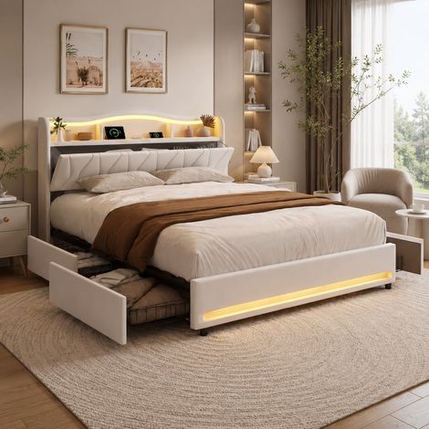 Lit coffre 140×200 cm,lumière LED et port USB,lit capitonné,4 tiroirs de rangement,lit double,tête de lit avec rangement,cadre de lit 140×200,sommier à lattes,style moderne,lit adultes,Velours,Beige (1/5)