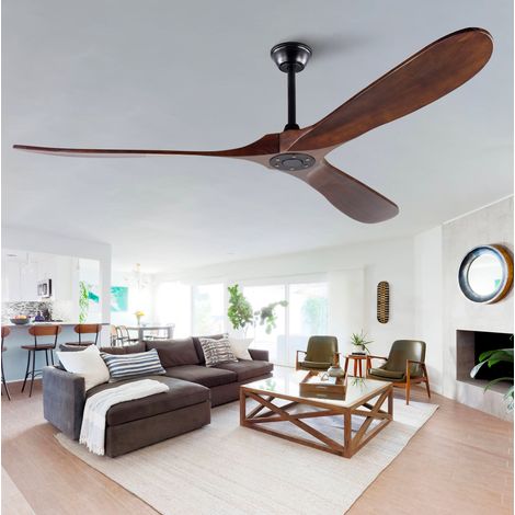 Ventilateur de plafond 177.8x177.8 cm noir et noyer foncé en métal et bois, silencieux réversible sans lumière (1/5)
