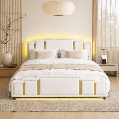 MEUBLIV Letto 160x200 cm beige – 4 cassetti, LED 7 colori, senza materasso (1/5)