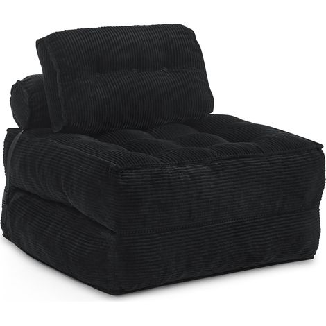 CAIziFauteuil de sol pliable 2-en-1 en velours côtelé – canapé pliant confortable avec dossier réglable, lit d’appoint polyvalent et fauteuil lounge pour salon et chambre, Noir