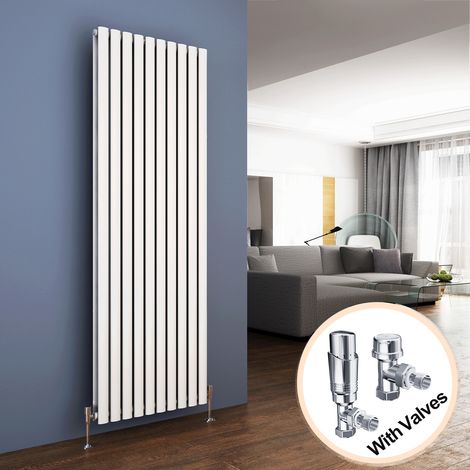 ELEGANT Vertical Column Designer Radiator White Oval Double Panel Rad 1800 x 590mm + Chrome Thermostatic Radiator Valves (1/5)