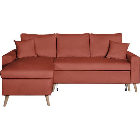 Canapé d'angle MARIA SCANDINAVE VELOURS réversible et convertible avec coffre - Rouge brique (1/5)
