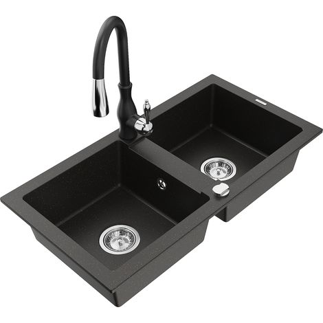 Mexen Mario 2-Becken-Granitspüle mit Mischbatterie Savita, Schwarz/Gold metallisch - 6504-75-672601-