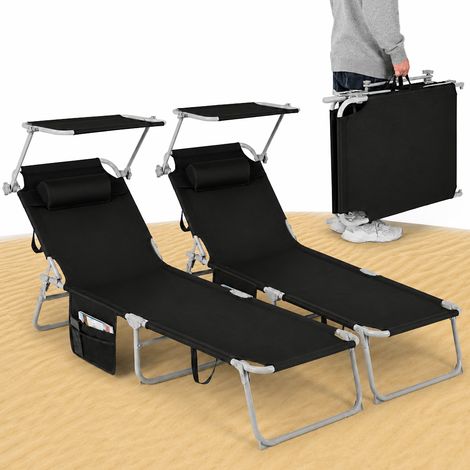 Set 2 Lettini Pieghevoli da Spiaggia Esterno Nero Sdraio da Mare con Parasole