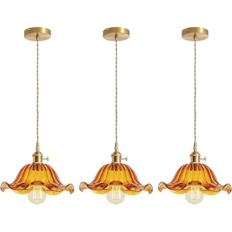 3pcs Lustre Suspension Industriel,Lampe de Plafond Vintage Abat-jour en Verre Design Fleur E27 Luminaire Suspension (1/5)