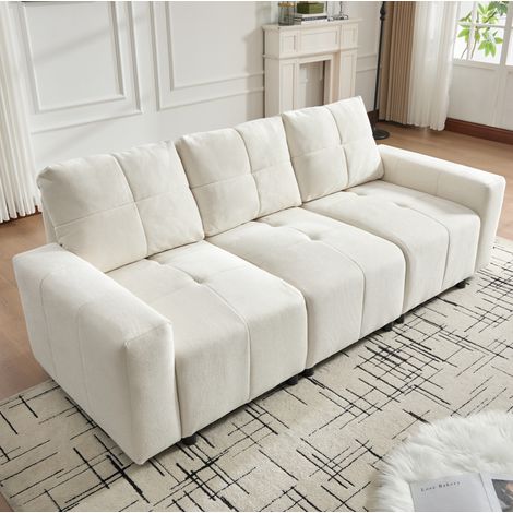 Sofá modular 3 plazas de chenilla blanco beige, 213x94x84 cm, respaldo ajustable, función cama y profundidad regulable (1/5)