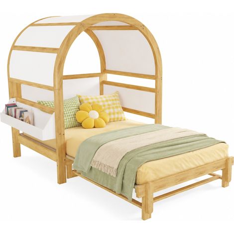 CHICFURN Cama infantil tipo casita extensible 140x200 cm de pino y MDF blanco/natural, sin colchón (1/5)