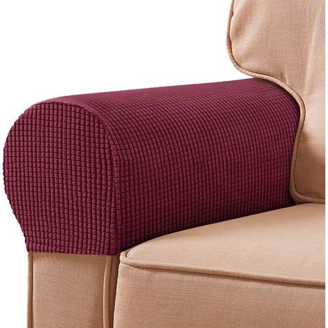 Protector universal para reposabrazos, funda de fibra de poliéster para reposabrazos de sofá, protege mejor los brazos de tu sofá del desgaste, funda elástica para silla (2 unidades, rojo vino). (1/4)
