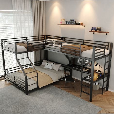 Lit superposé triple avec bureau, 3 couchages, 298 x 204,5 x 175 cm, métal et MDF, noir HAVRYA (1/5)