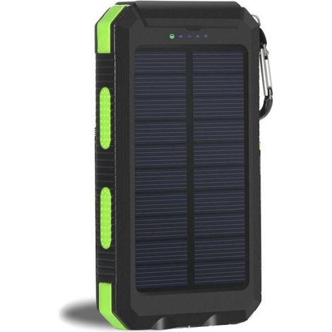 20000 mAh Solar-Powerbank, tragbare, wasserdichte Powerbank mit zwei LED-Leuchten, 7,7 x 14 x 2,2 cm, grüner Rand, schwarzer Boden (1/5)