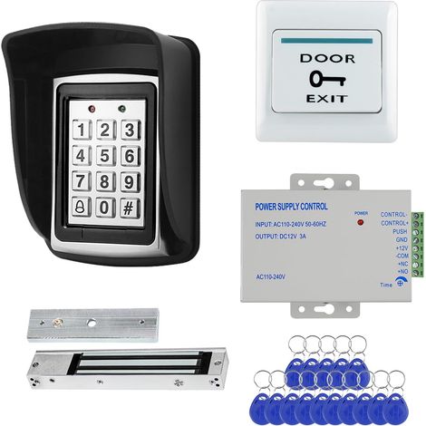 Kit de contrôle d'accès extérieur – Verrou magnétique 280 kg  Clavier métallique avec cache-pluie, alimentation DC12V, bouton de sortie et 15 badges ID pour maison, usine et bureau (1/5)