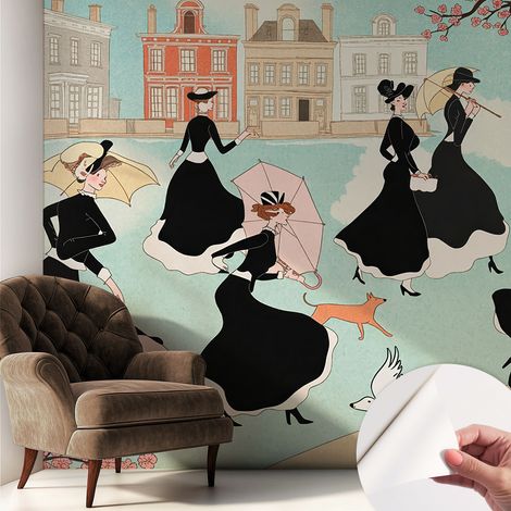Papier peint autocollant avec imprimé pour intérieur moderne application facile a motif Femmes en promenade 250x250 cm (1/5)
