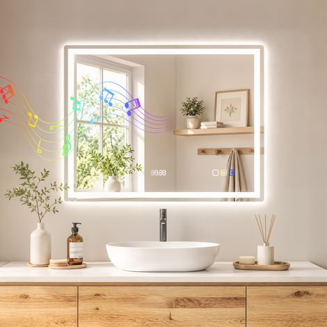 Miroir salle de bain LED bluetooth 90 x 70 cm interrupteur tactile lumière réglable 3 couleurs anti-buée mémoire argent (1/5)
