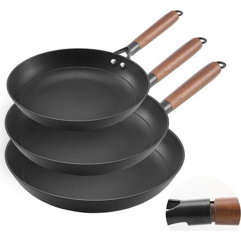 Poêle en Fonte Lot de 3PCs 20,5/26,5/31 cm, Sauteuse Antiadhésive Pré-assaisonnée avec Poignée en Bois Amovible, Ustensiles de Cuisine Restaurant, pour Gaz, Électrique, Induction, Noir (1/5)