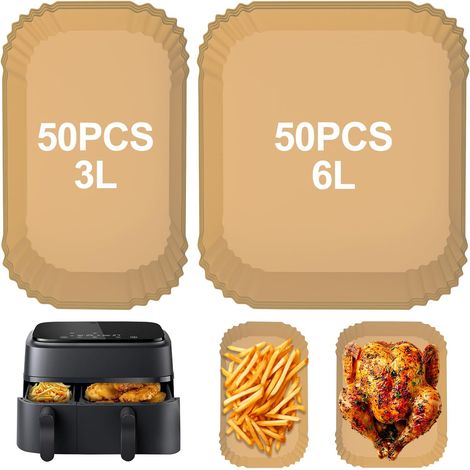 Papier sulfurisé pour friteuse à air chaud - Carré - 100 feuilles - 50 feuilles pour 3 litres, 50 feuilles pour 6 litres - Moules jetables pour friteuse à air chaud - Sans BPA (1/5)