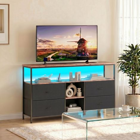 Meuble TV industriel 137x30x78 cm, 4 tiroirs noirs, étagère ouverte, LED intégré, cadre bois et métal noir, design moderne pour salon (1/5)