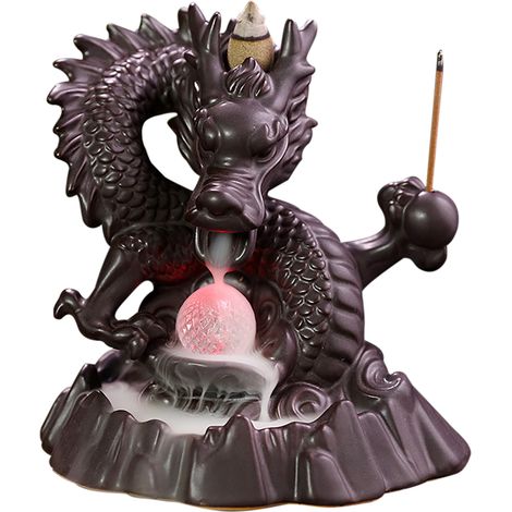 Porte-encens à reflux Dragon en céramique, Style chinois pour bâton de méditation, décoration de maison avec lumière LED (1/5)