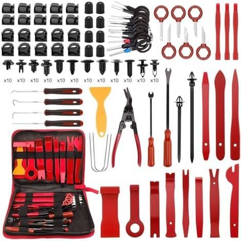 330 Pièces Outils De DéMontage Garnitures Trousse, Outil Demontage Garniture Voiture, avec Ensemble à Pince et Extracteur D’Attaches, pour Voiture Porte Panneau Tableau de Bord, Rouge - (1/5)