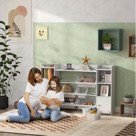étagère de rangement enfant 140x30x90 cm blanche – 8 bacs amovibles (1/5)