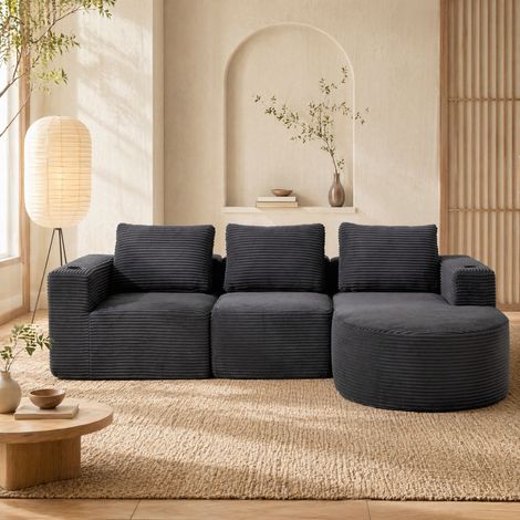 Sofá tapizado con cojines y portavasos gris OKMYHOME (1/5)
