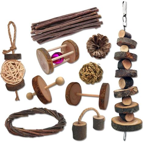 Lot de 10 jouets d'activité en bois de pommier pour petits animaux : jouets à mâcher pour hamsters, rats et chinchillas. Accessoires naturels et biologiques. (1/5)