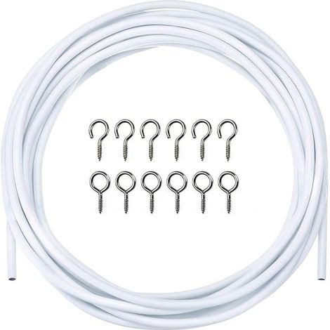 Alambre para cortina blanco de 3 metros - Kit de cable para cortina con 6 pares de ganchos y ojales - Cuerda para colgar barras de cortina de red